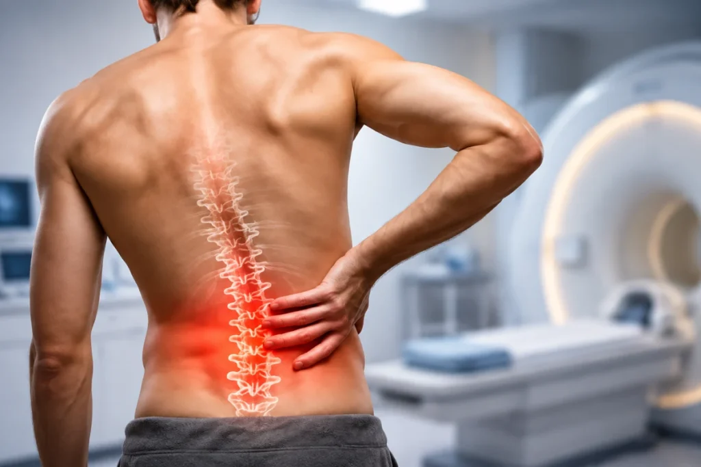 MRI: Man experiencing persistent lower back pain and seeking evaluation for a spinal condition