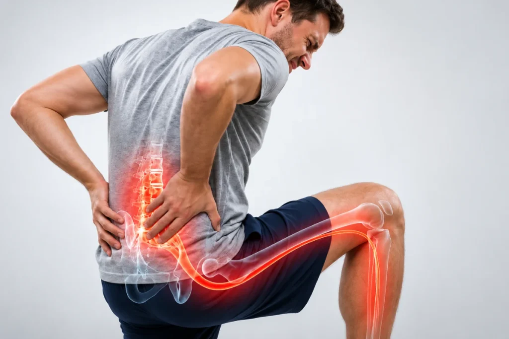Man experiencing lower back pain radiating down the leg, a common symptom of sciatica