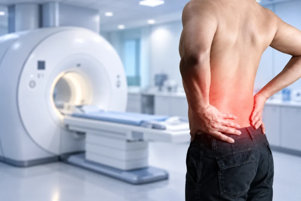 Person with lower back pain undergoing an MRI scan to assess a possible herniated disc