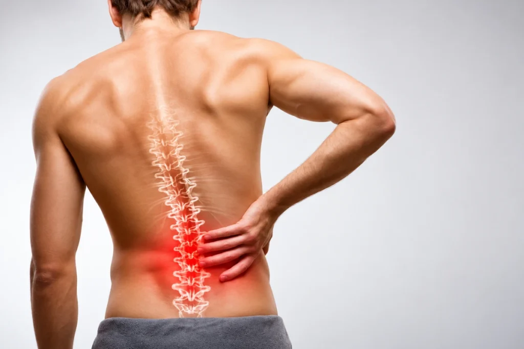 Illustration of the spine showing lower back pain associated with a herniated disc