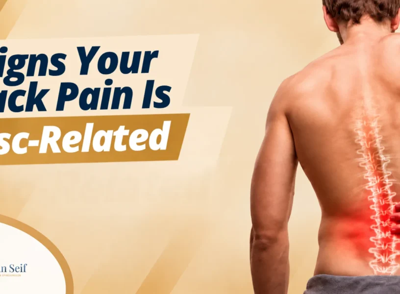 Signs that back pain may be related to a herniated disc, including pain along the spine